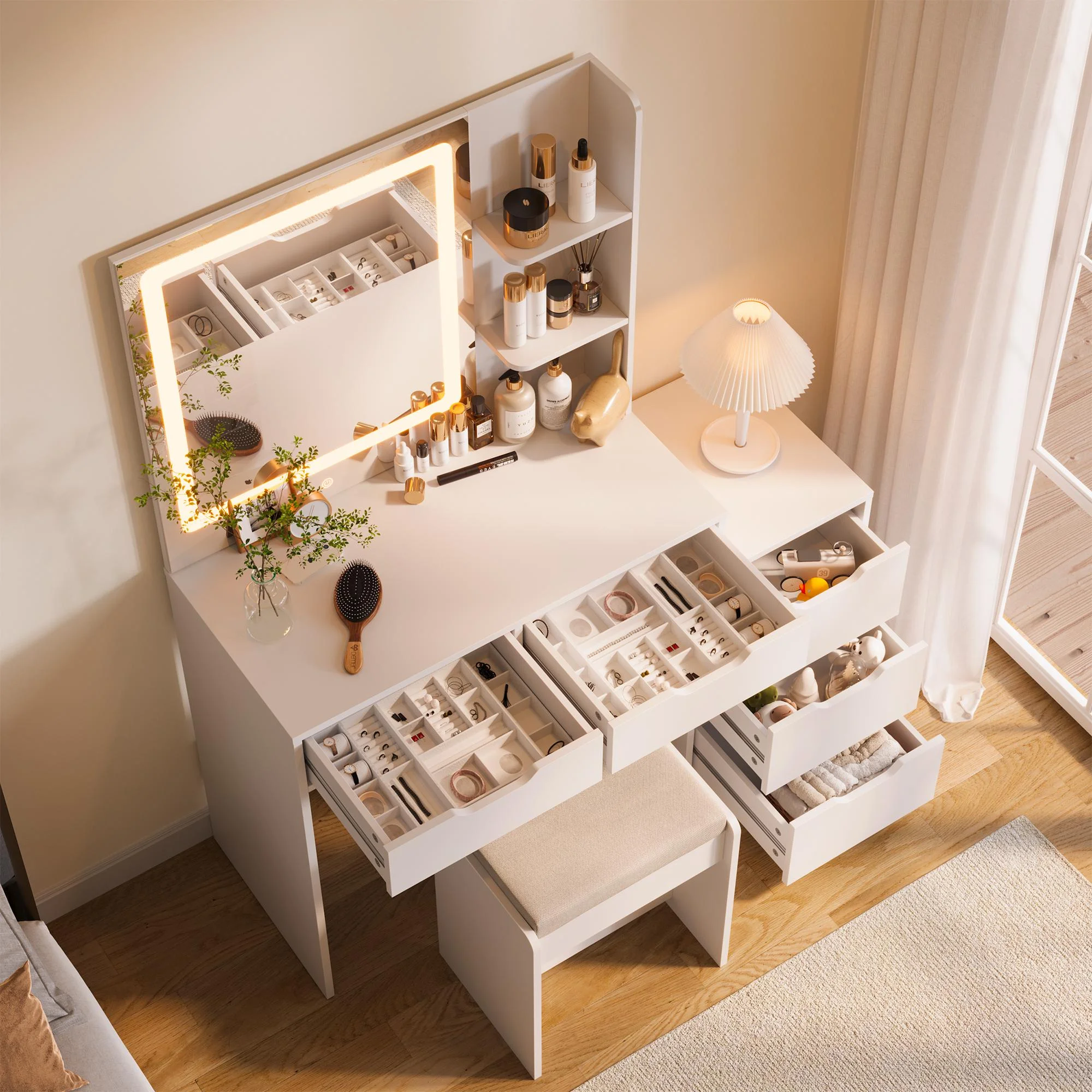 Asofer Vanity Desk with Mirror and Adjustable Light, White Makeup Vanity Set with 5 Drawers for Bedroom, Dressing Room