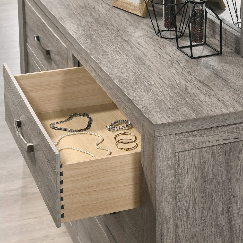 Roundhill Furniture living room Floren Contemporary Weathered Gray Wood Bedroom Set, King Panel Bed, Dresser, Mirror, Two Nightstands, Chest