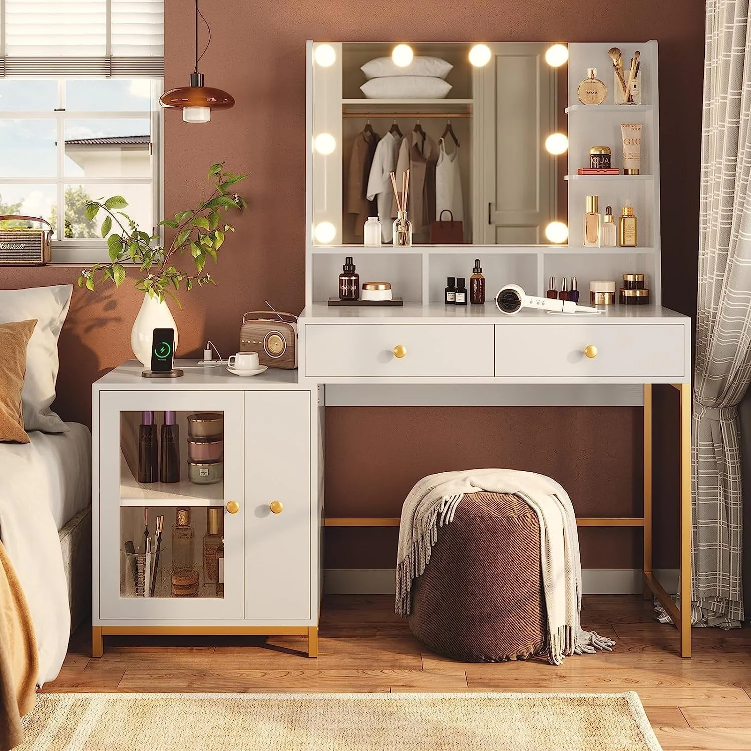 Vanity Desk with Mirror and Lights in 3 Colors,Vanity Makeup Desk with Lights and Drawers,White Vanity Table with Charging Station,Unique Separation Design