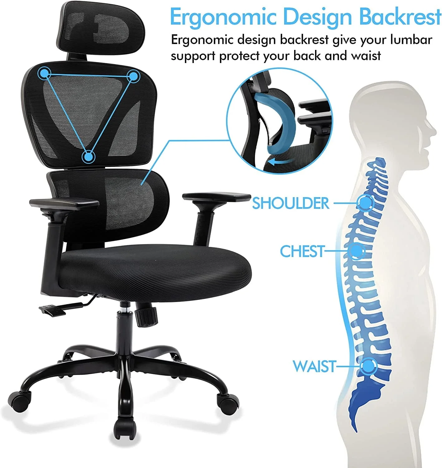 AMZFUN Office Chair, Ergonomic Desk Chair with Lumbar Support, High Back Mesh Computer Chair (Black)
