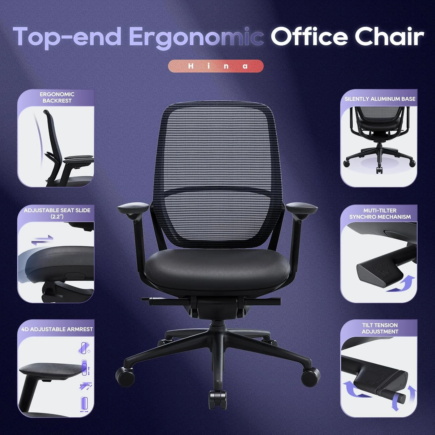 Ergonomic Office Chair, High Back Mesh Desk Chair with Adjustable Lumbar Support, Reclining Backrest, 4D Armrests, Breathable Mesh, Comfortable Computer Chair for Home Office, Work,Study