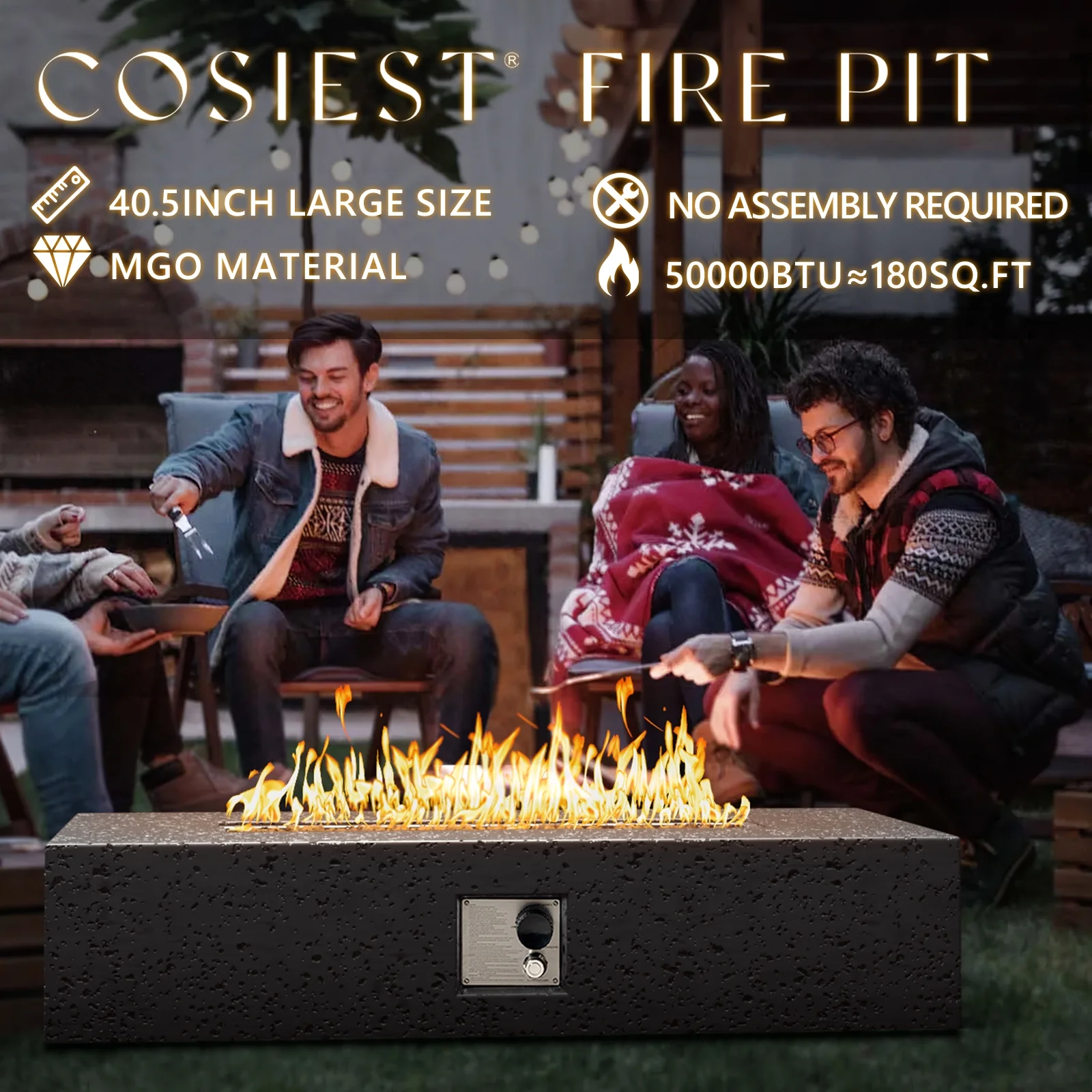 COSIEST 2-Piece Outdoor Rectangle Terrazzo White Propane Fire Table Set with Tank Cover Table