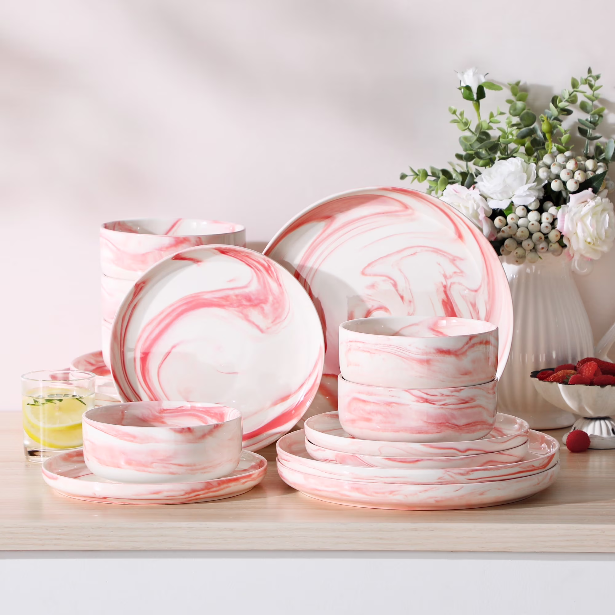 vancasso 36 Pieces Dinnerware Sets, Plates and Bowls Set for 8, Porcelain Dinner Set, White with Black Rim
