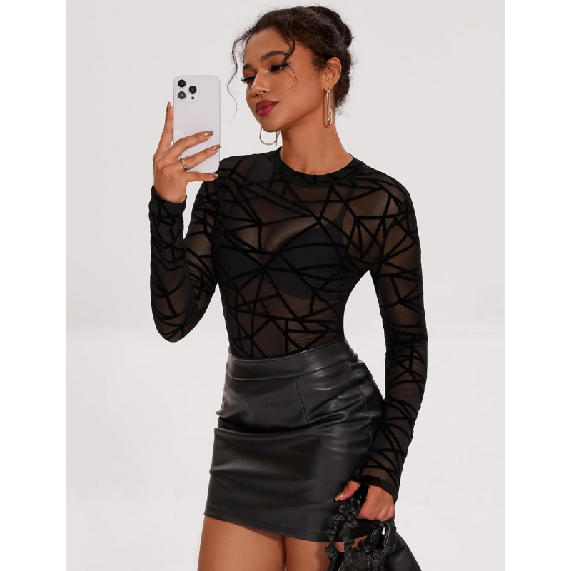 Women's Mesh Long Sleeve Tops Crew Neck Sexy