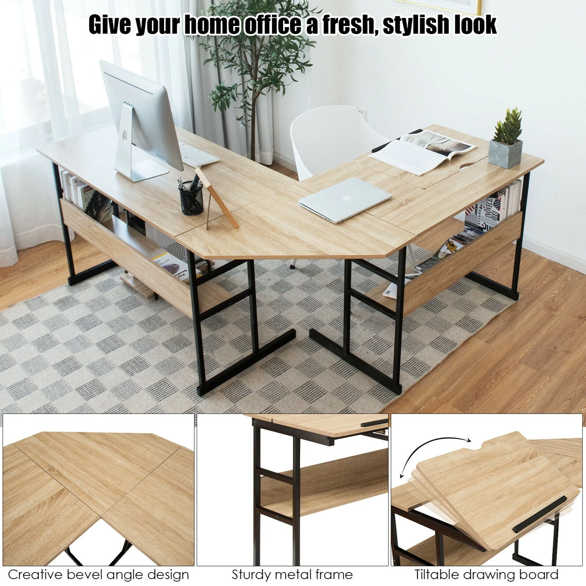 Gymax L-Shaped Computer Desk Drafting Table Workstation w/ Tiltable Tabletop Natural
