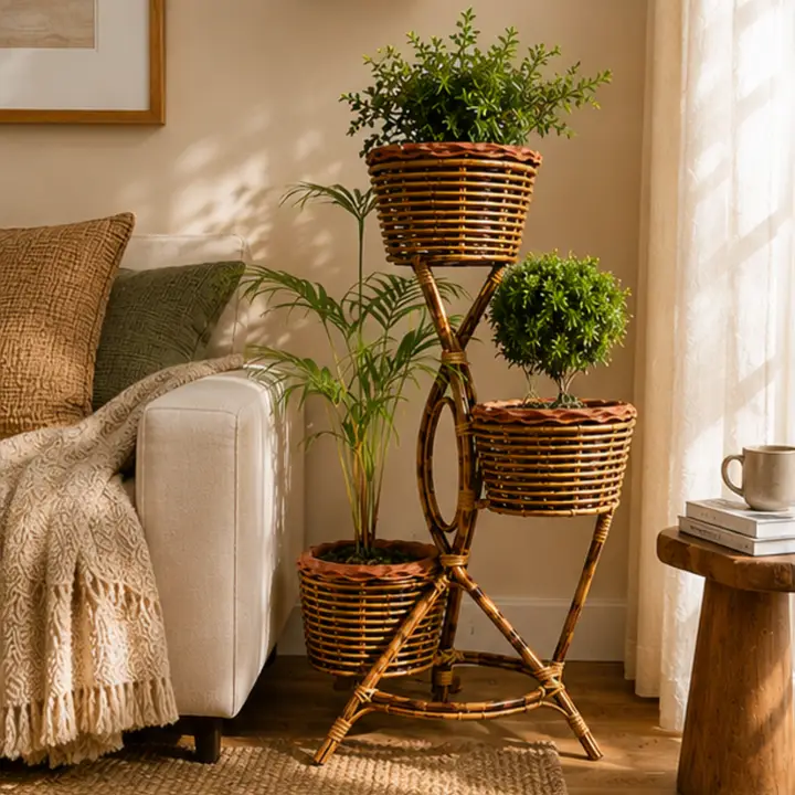 3-Tier Rattan Plant Stand | Cane Floor Indoor Planter