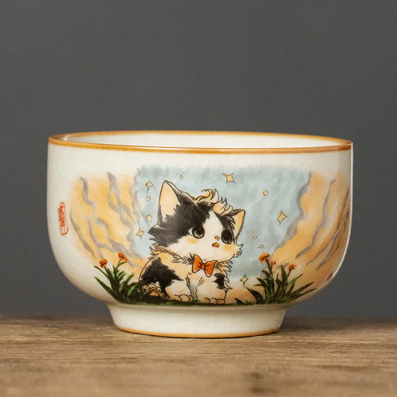 Buddha Stones Cute Bow Tie Cat Teacup Kung Fu Tea Cup