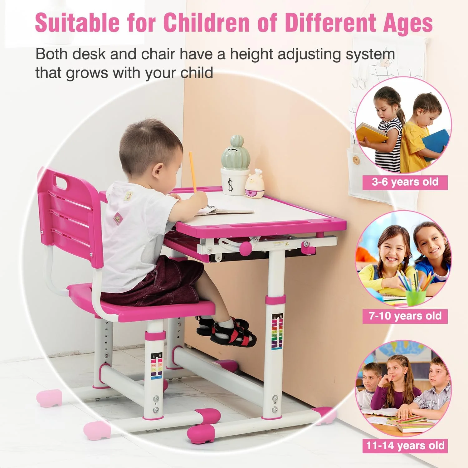 PayLessHere Kids Desk and Chair Set,Height Adjustable with Pull Out Drawer Storage,Pink