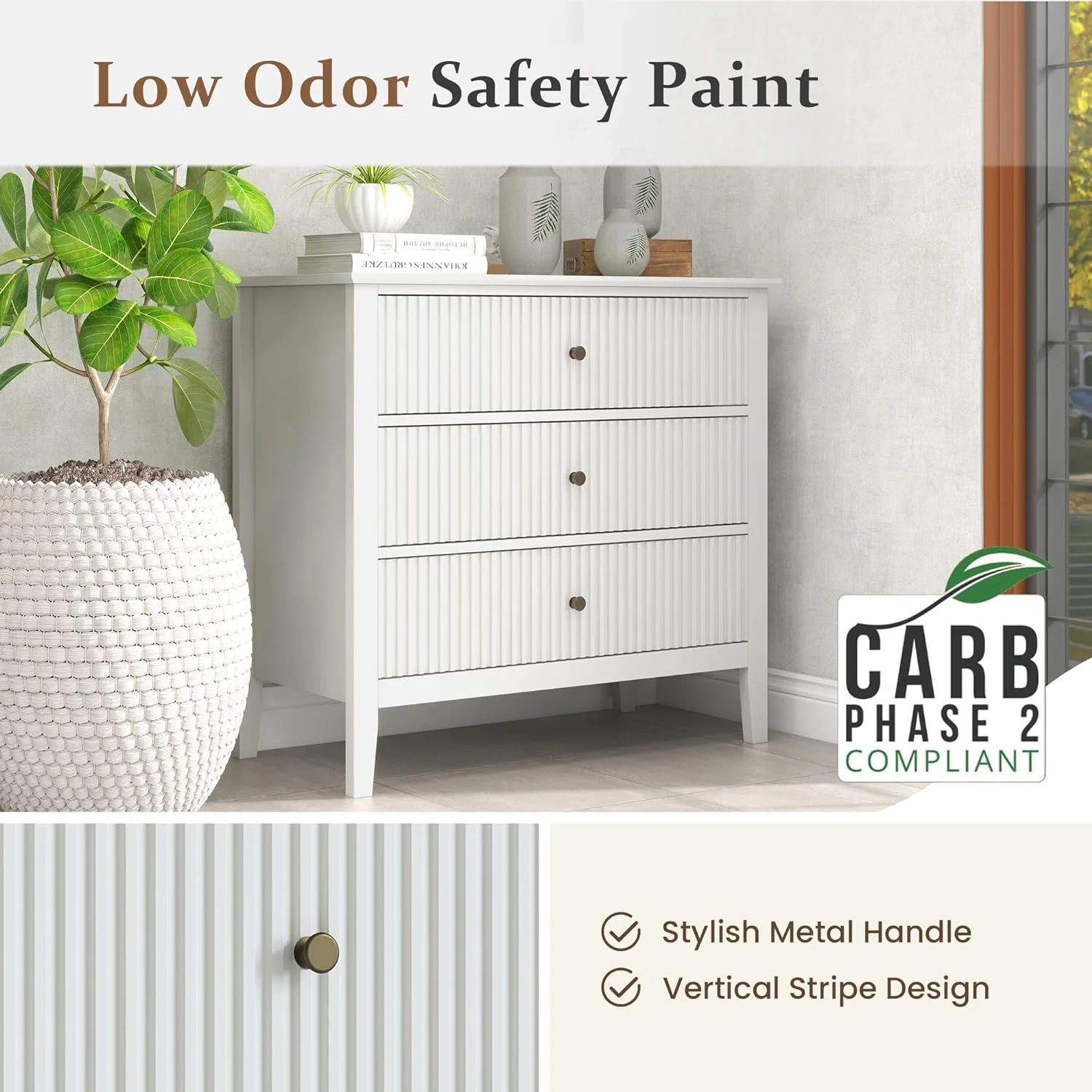 May Color Large White 3 Drawer Dresser Set of 2 with Fluted Panel, Modern Chest of Drawers with Silent Slide Drawers, Wood Accent Nightstand with Storage for Bedroom Living Room, Hallway