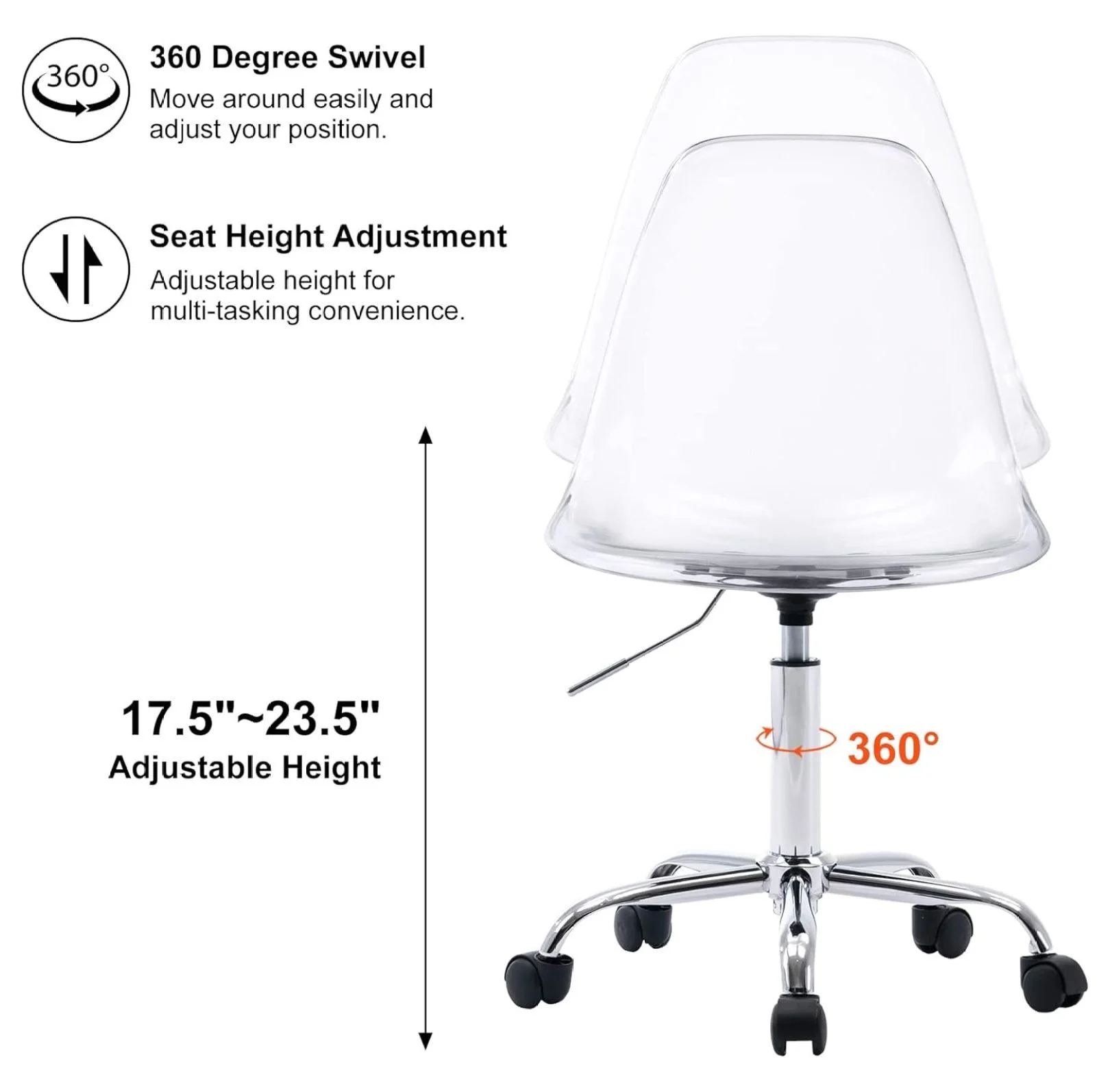 Echoworld Clear Rolling Chair, Armless Desk Chair with Golden Feet Swivel Molded Plastic Shell Adjustable Home Office Chair with Wheels, Clear