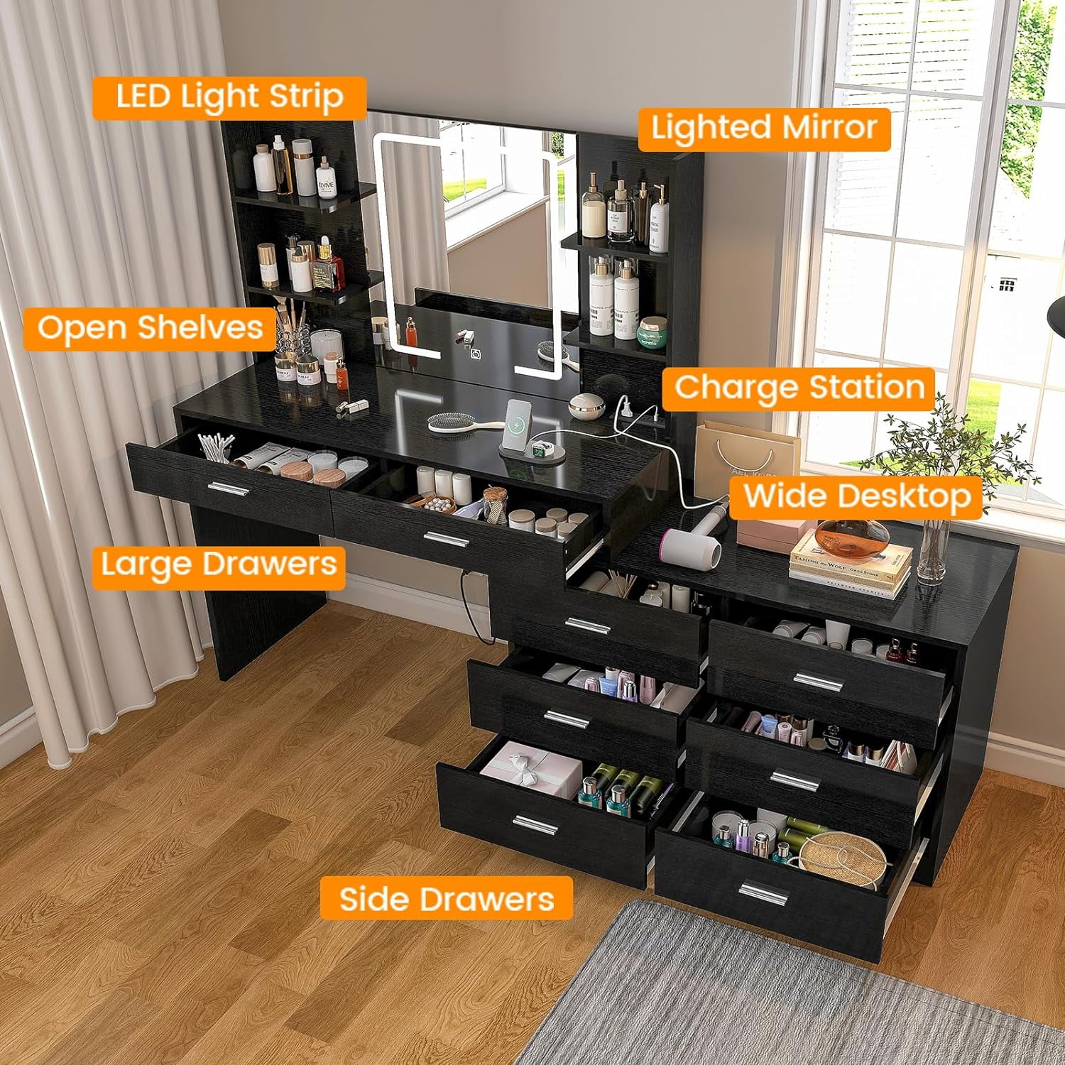 Vanity Makeup Desk with LED Light Mirror & Power Outlet, 8 Drawers, 6 Storage Shelves, 3 Color Modes & Adjustable Brightness Dressing Table, Corner Vanity, L Shape Change, 39.4��Desk, Black