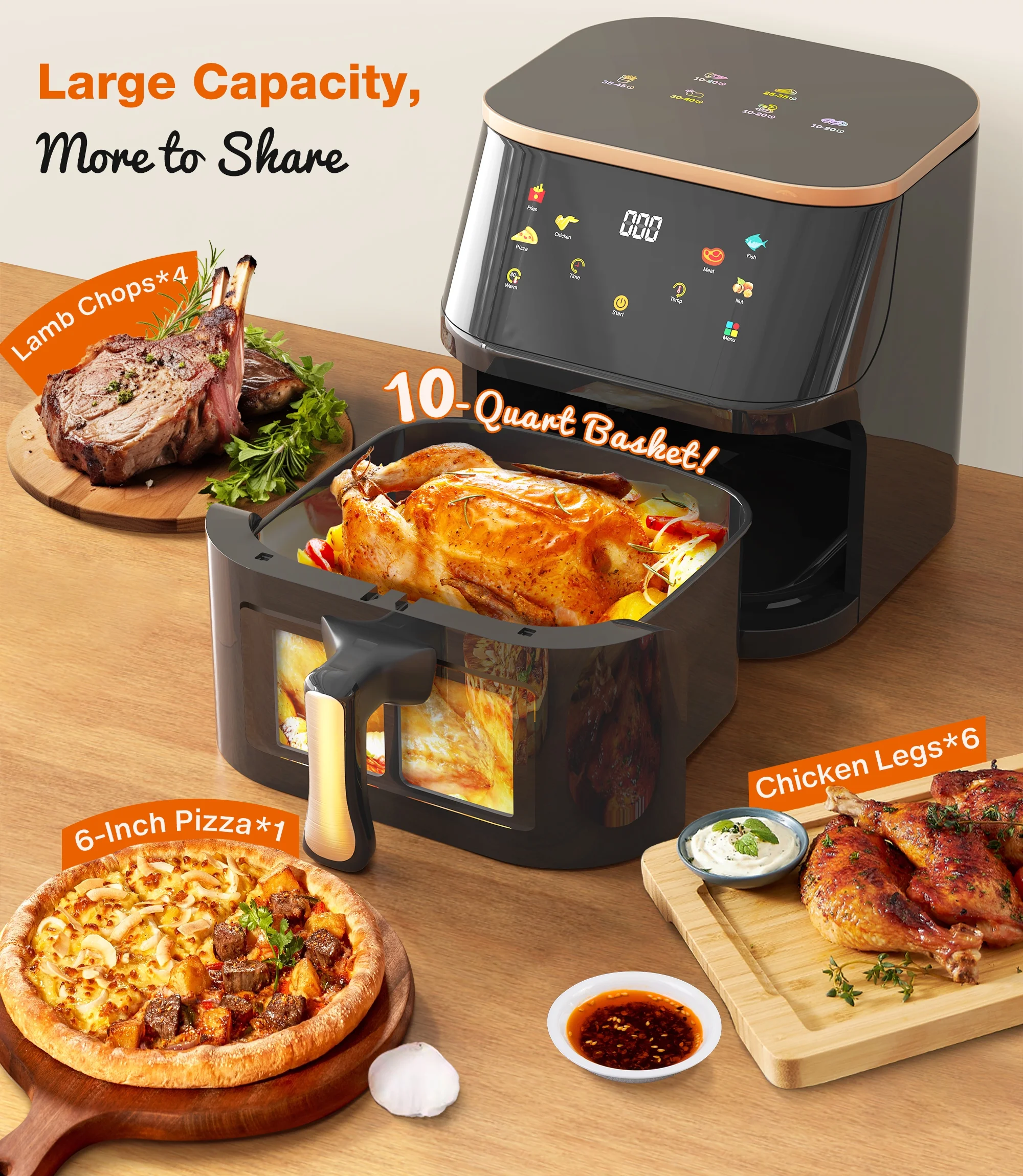 Suodoka Air Fryer 10 Qt Max 450F for Cooking, 6 Presets Fry Touch Panel Easy View Window, New Black