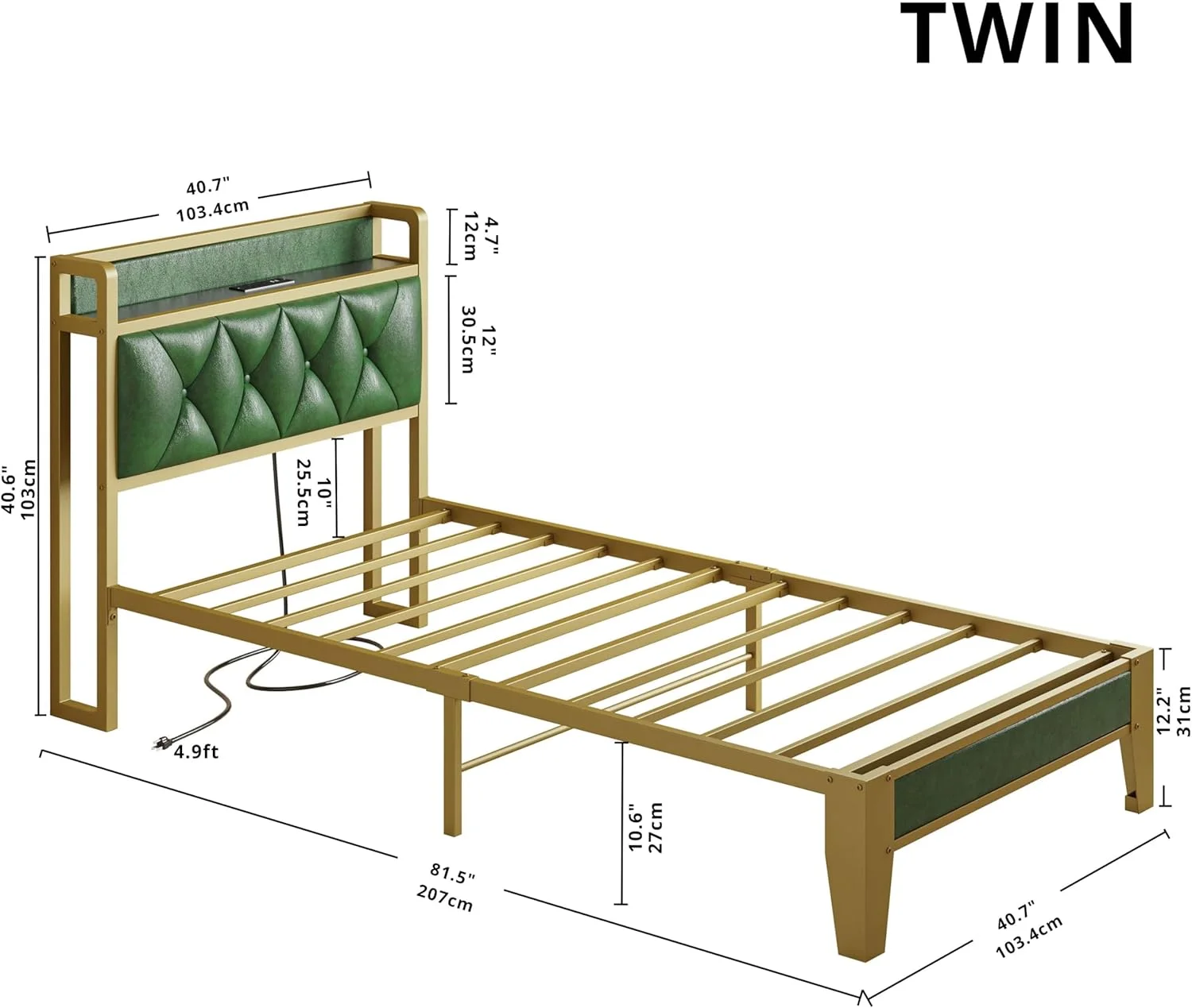 ANCTOR Twin Bed Frames, Storage Headboard with Outlets, Easy to Install, Sturdy and Stable, No Noise, No Box Springs Needed, Emerald