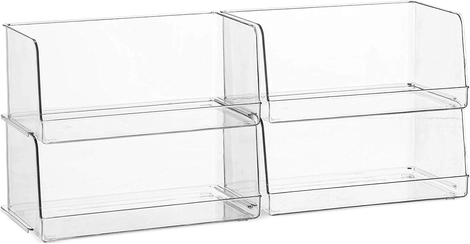 Set Of 4 Clear Pantry Organizer Bins Stackable Household Plastic Food Storage Basket with Wide Open Front for Kitchen, Countertops, Cabinets, Refrigerator, Freezer, Bedrooms, Bathrooms - 12