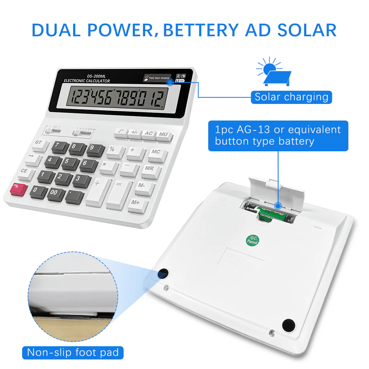 Electronic Calculator 12 Digit Extra Large LCD Display, Two Way Power Battery and Solar Calculators Desktop, Big Buttons Easy to Press Used as Office Calculators