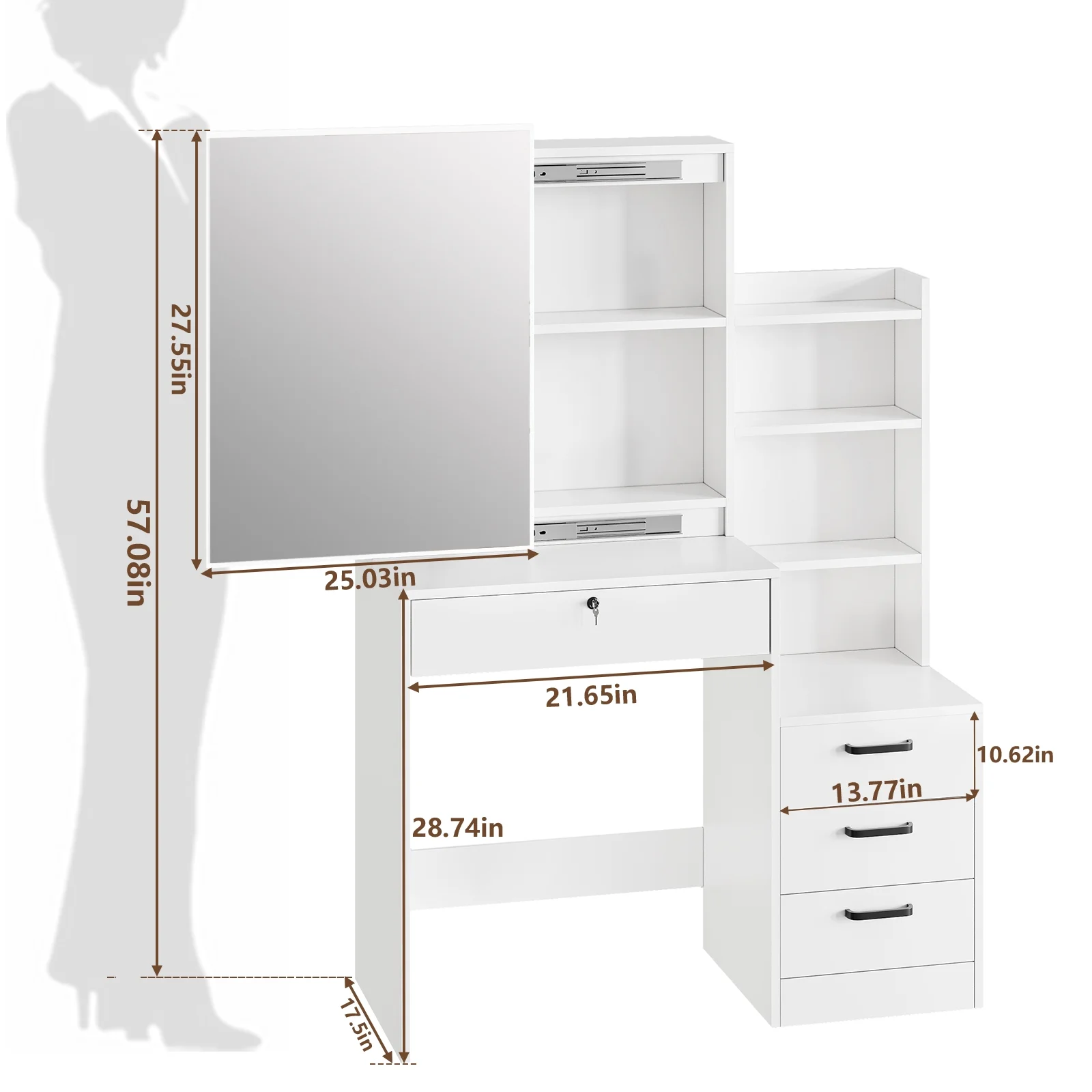 Fenbeli Vanity Set with Mirror and Lights, Makeup Vanity with 3 Drawers, Vanity Desk for Girls, Women, White