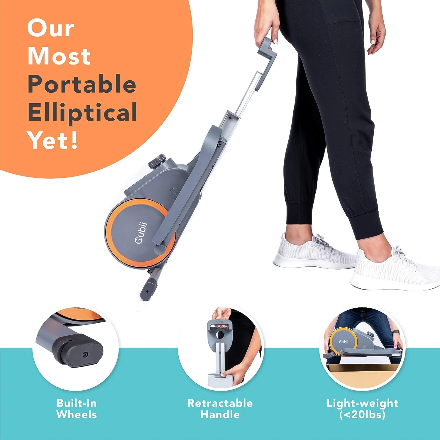 Cubii GO Aqua - Ultra Portable Under Desk Elliptical, Foot Pedal Exerciser Machine with Built-in Wheels, Easy Retractable Handle, Large LCD Fitness Tracker, Adjustable Resistance Levels