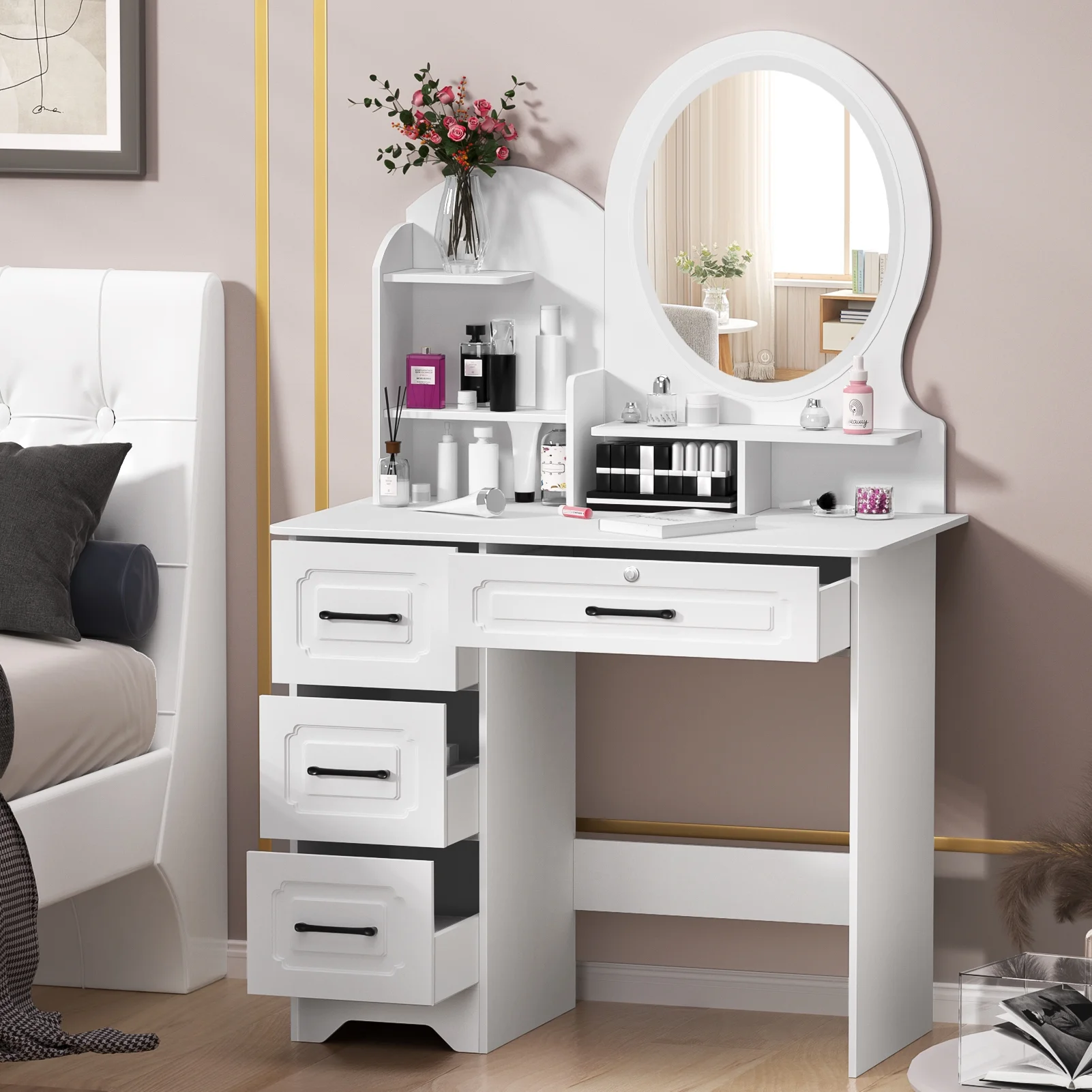 Anvazise Makeup Desk with Mirror, Large Vanity Desk with Storage Shelves, 4 Drawers, Makeup Vanity Table with Light, Bedroom Dressing Table