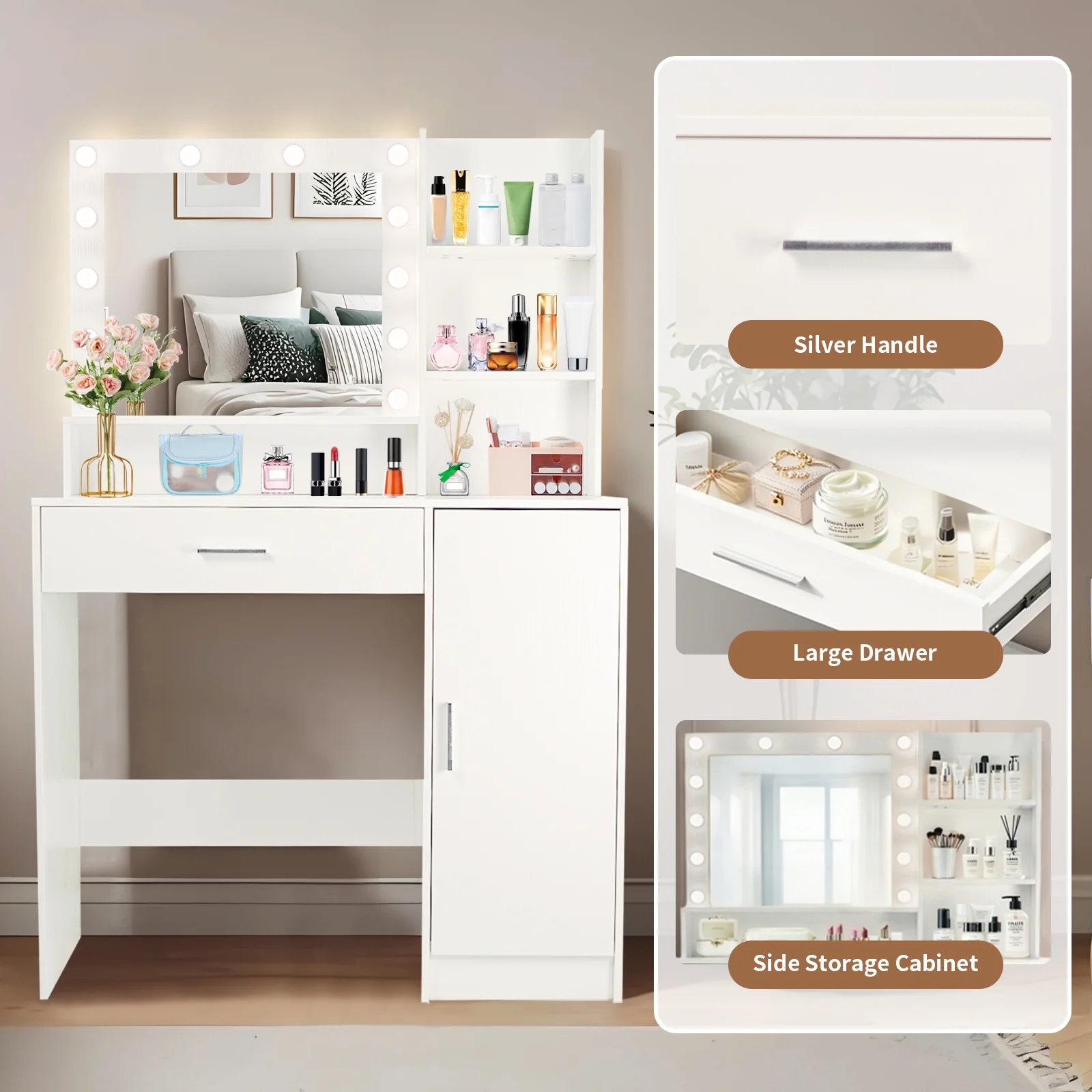 Vanity Desk with Mirror and Lights, Makeup Vanity with Drawer & Storage Cabinet, 3 Lighting Modes Adjustable Brightness, Makeup Desk with Open Shelves for Bedroom, Dressing Room, White