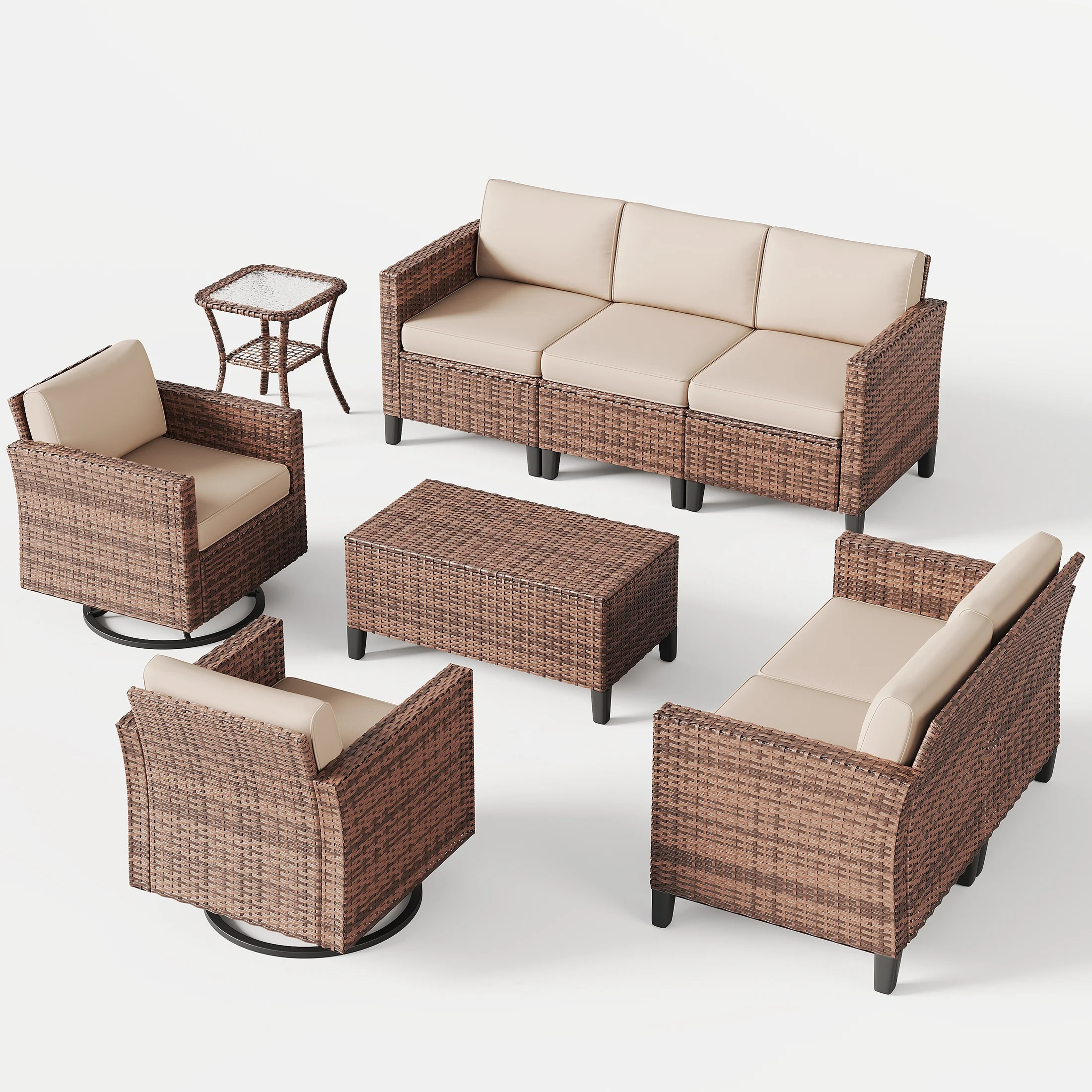 Poteban Outdoor Patio Furniture Set, Rocking Swivel Chair, 9 Pieces Wicker Rattan Sectional Furniture for Backyard (Grey)