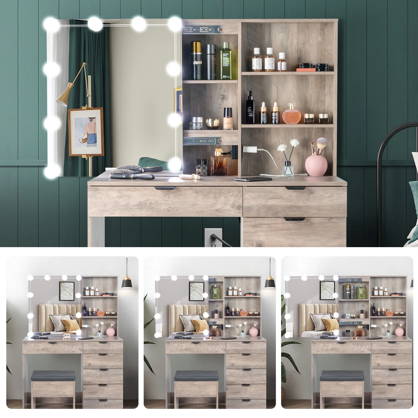 Ktaxon Vanity Set with 3 Color Lighted Mirror & Charging Station, Makeup Table with 3 Storage Shelves & Drawers, Dressing Table Makeup Desk with Stool,Retro Gray
