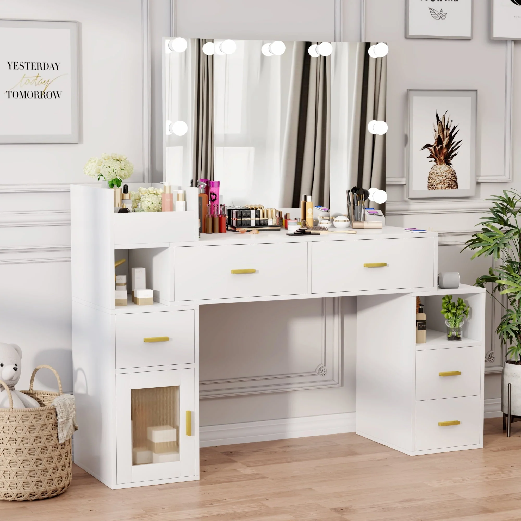 VIVISPECIAL Vanity Set with Lighted Mirror, Makeup Vanity with 3 Lighting Options and Charging Station, Large Vanity Desk with Storage Shelves, 5 Drawers, Glass Cabinet