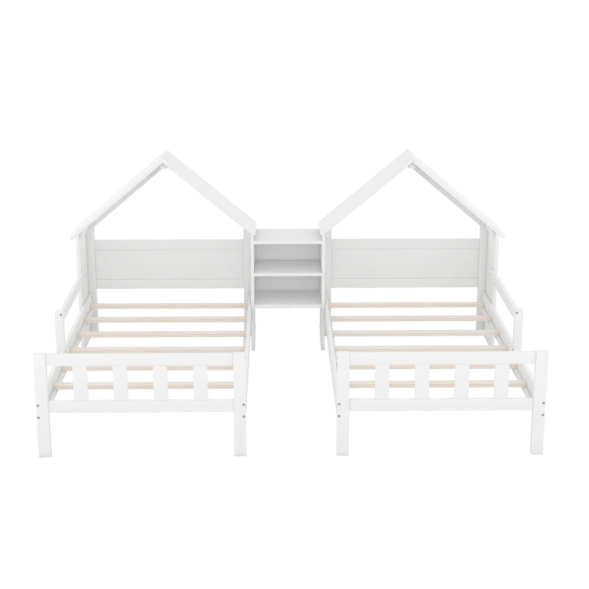 Euroco Twin Size Wood House Platform Bed, Two Beds in One with Desk and Shelf, 2 Platform Beds for More Kids Teens, Gray