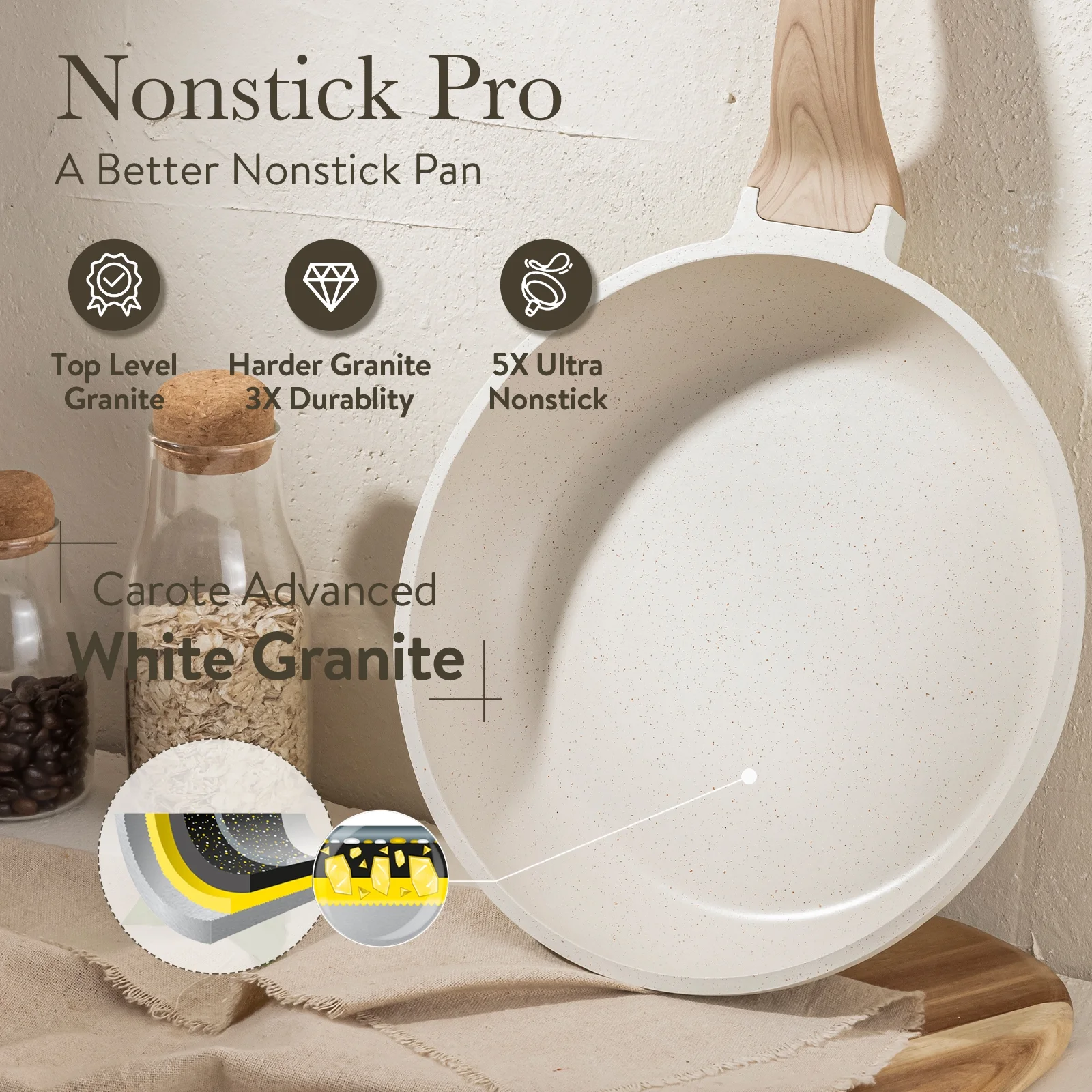 Carote 19 Pcs Nonstick Cookware Sets, Granite Pots and Pans Set Non Stick, White