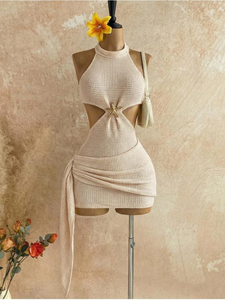 Star Metal Decor Halter Backless Mini Dress
