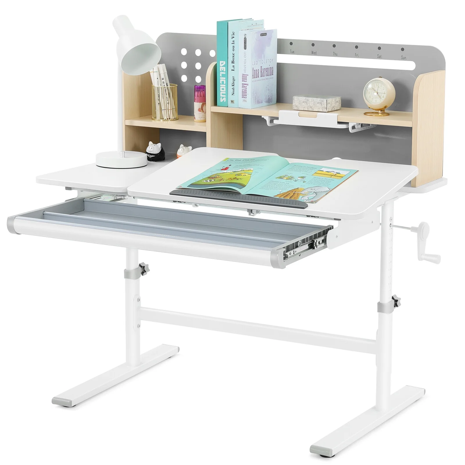 Adjustable Height Ergonomic Kids Study Desk & Chair Set Children Students Drafting Table Home School with Shelf,Drawer(Gray)