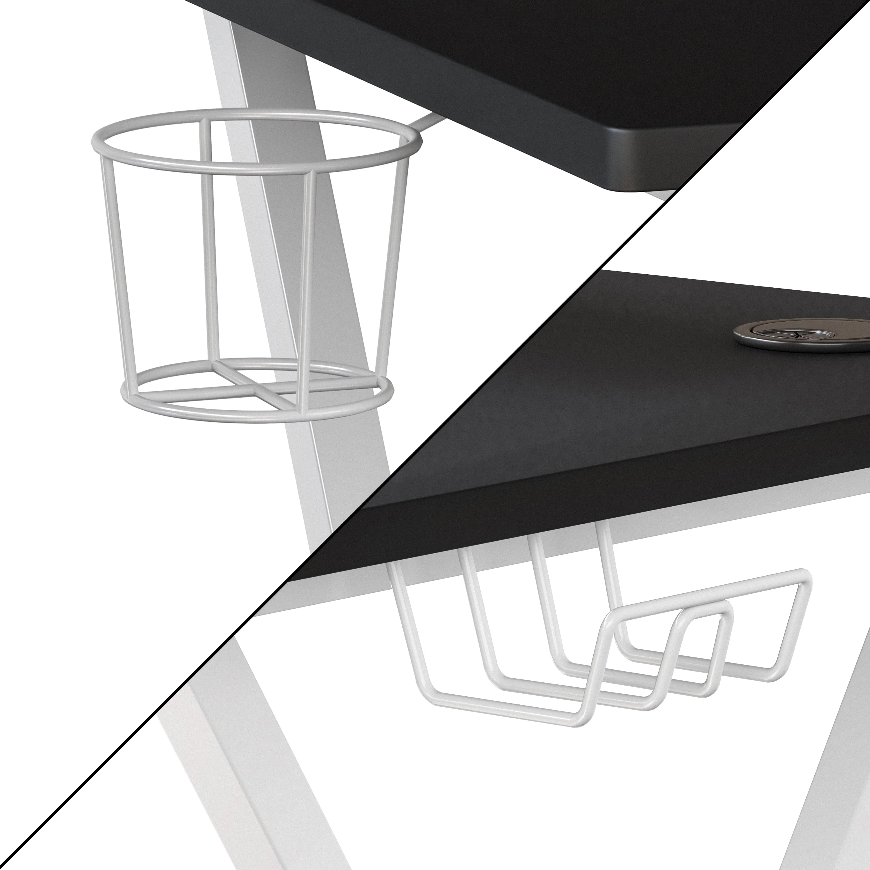 Emma + Oliver Black Gaming Desk and White Frame with Cup Holder, Headphone Hook, and Monitor/Smartphone Stand