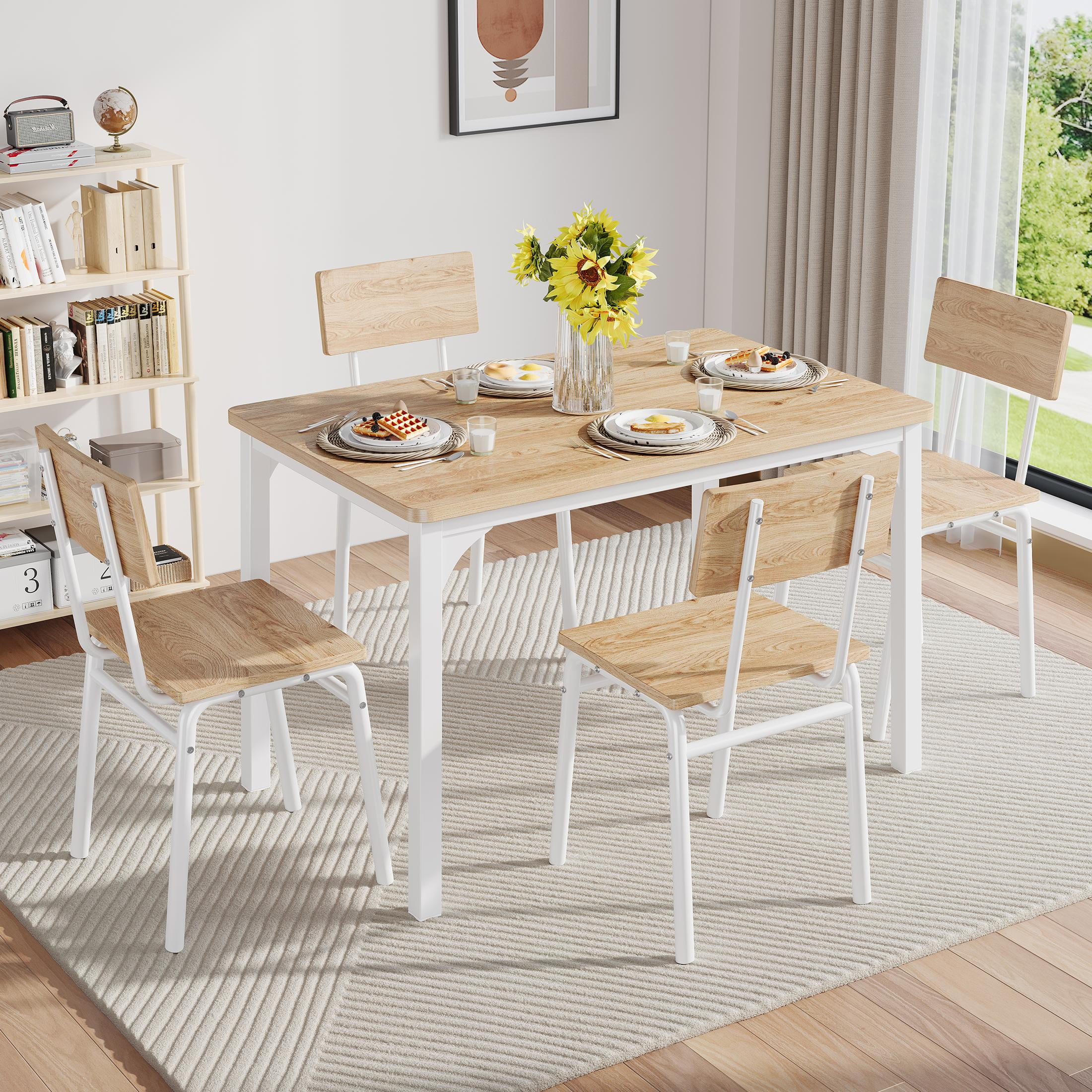 ENYOPRO 5 Pieces Dining Table Set, Modern Kitchen Table and 4 Chairs for Breakfast Small Spaces, Natural and White