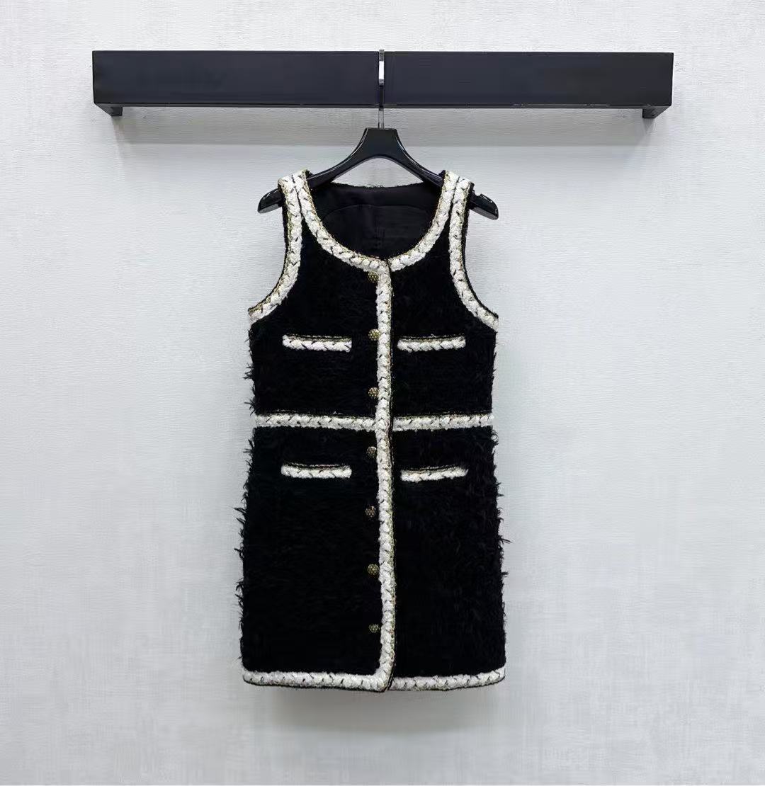 Wool vest dress cape coat set with woven trim