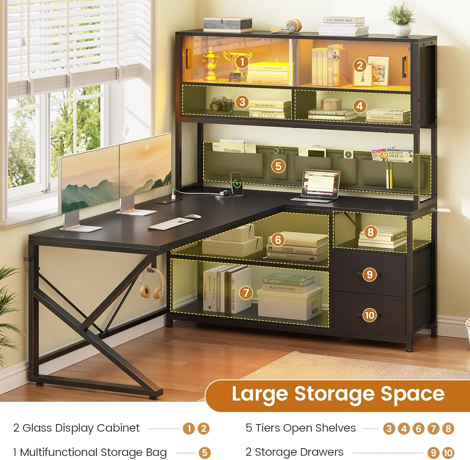L Shaped Computer Desk with 2 Drawer and Bookshelf, L Shaped Gaming Desk with LED Light, Black