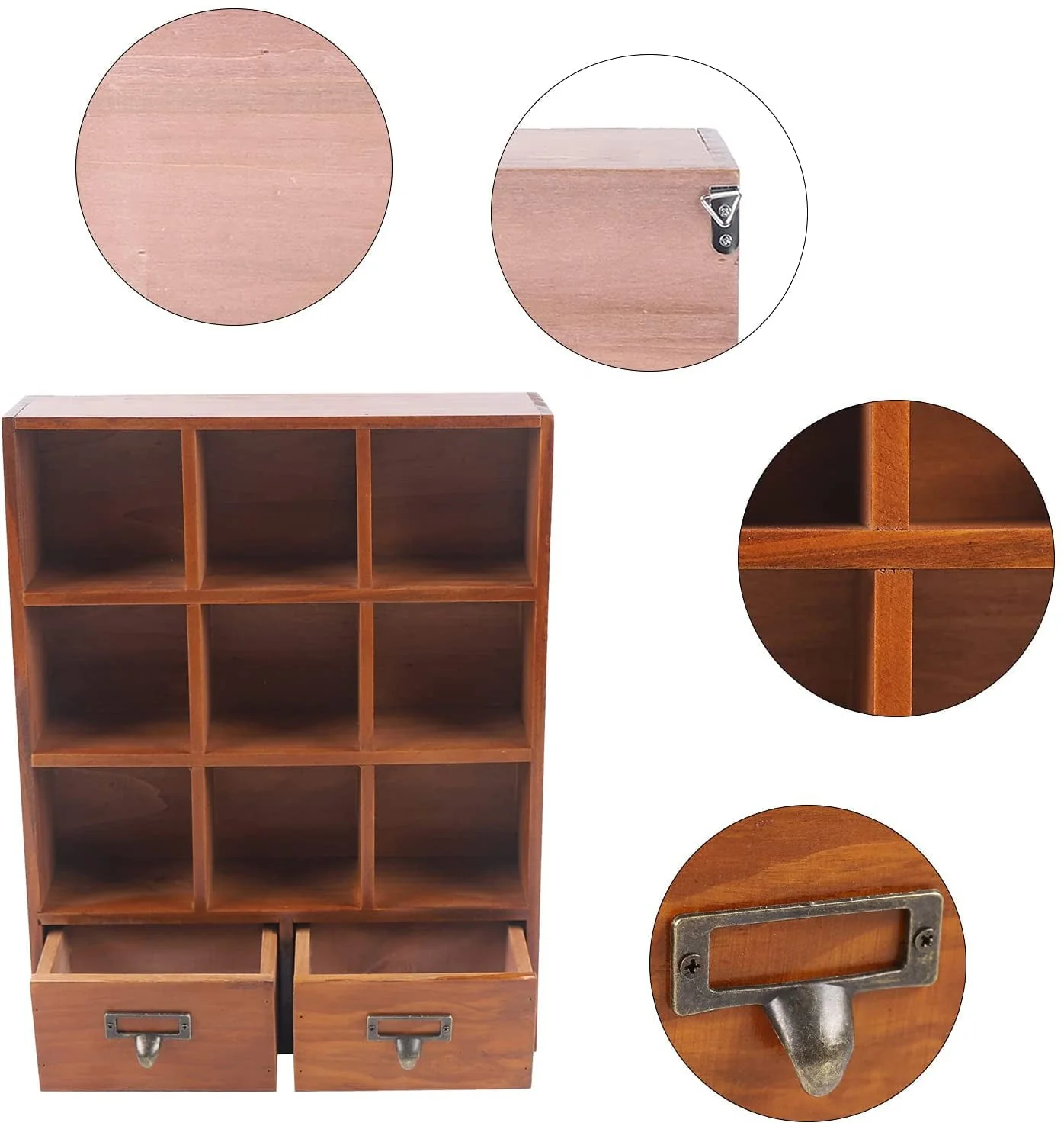 Miumaeov 9-Cube Display Shelf Wooden Bookcase Storage 2 Drawers Desktop Brown (33.3*10*42.5cm/13.1*3.9*16.7in)