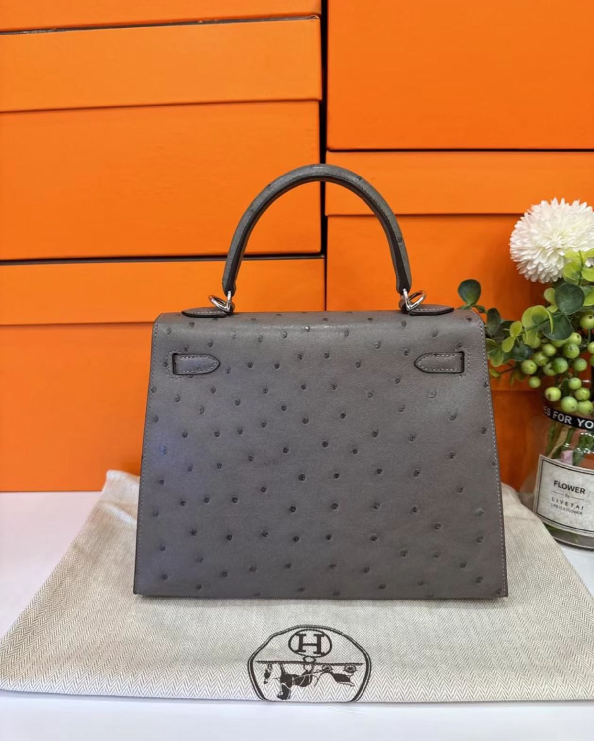 Hermès Kelly 25-28 Nimbus Grey Ostrich Leather
