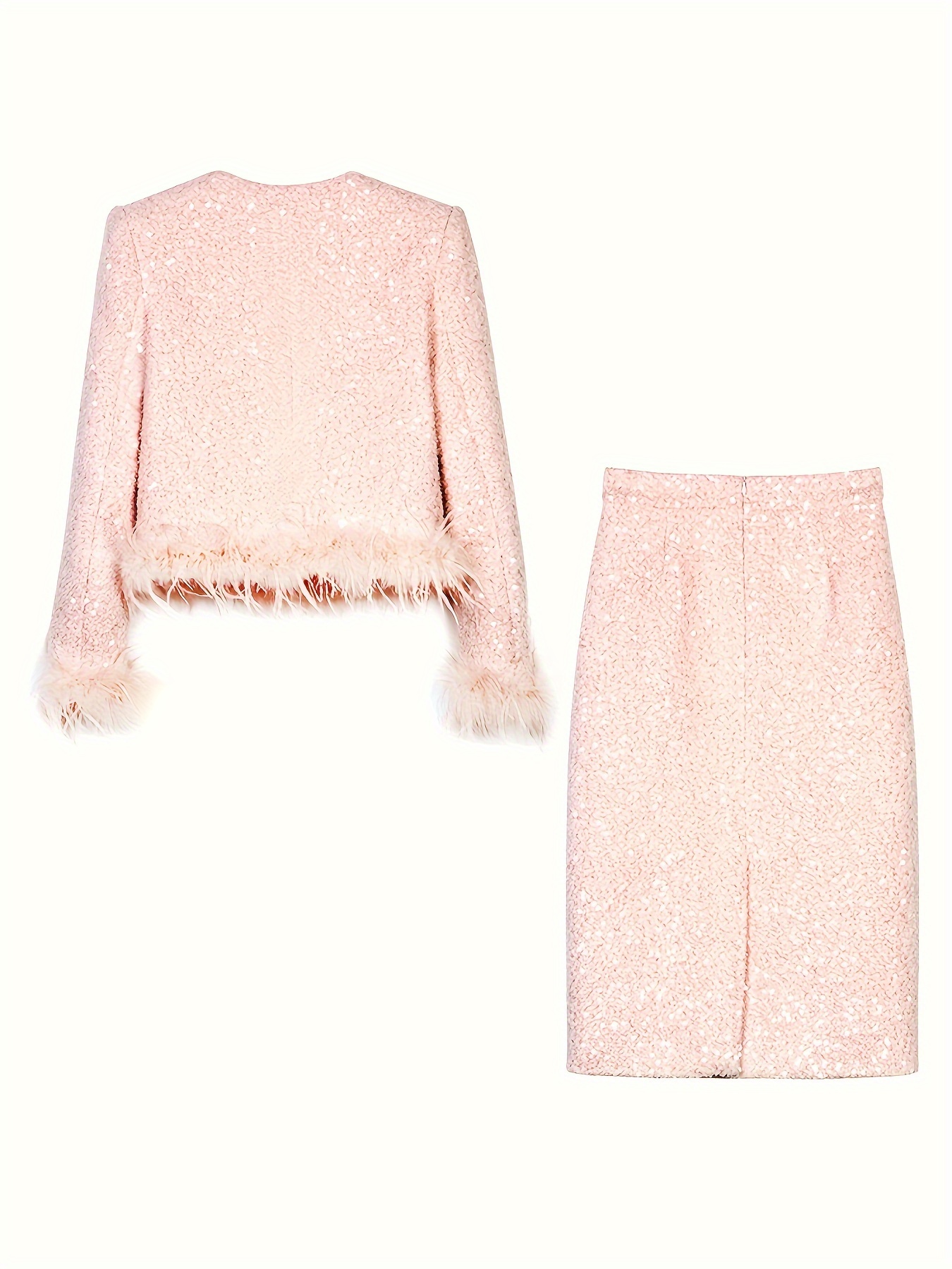 Elegant Pink Sequin Two-Piece Set for Women – Chic Faux Fur Jacket & Skirt Combo