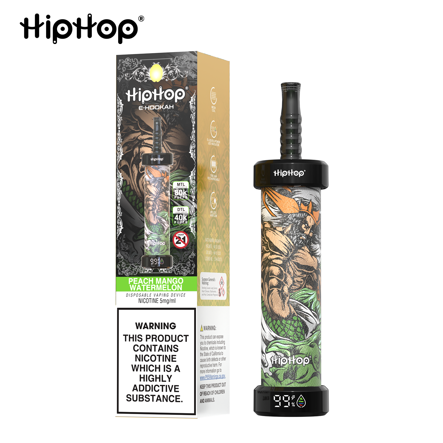 E-papieros HipHop E-Hookah 80K | Elektroniczna Szisza DTL/MTL | Ekran LED