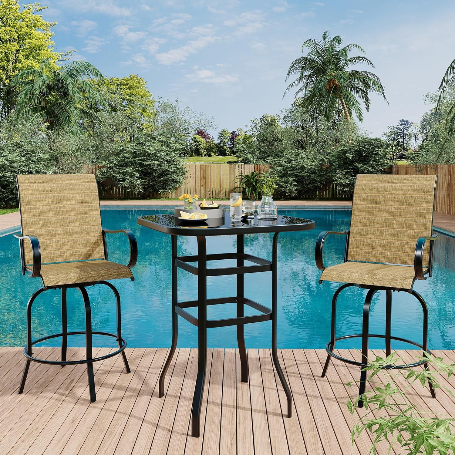 Homhougo 3 Piece Patio Swivel Bar Sets, 3PCS Outdoor High Top Bar Set with 2 Outdoor Swivel Chairs and Glass Bar Table, Patio High Top Bar Table and Stools Chairs Set All Weather Textile Fabric