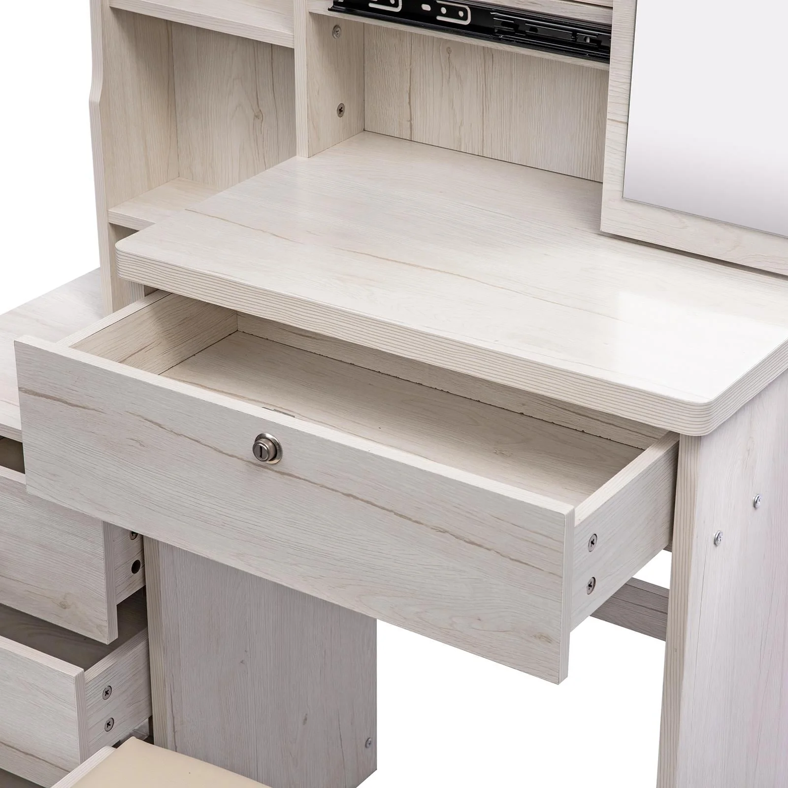 UBesGoo Vanity Set with Sliding Mirror, Makeup Vanity Dressing Table with 4 Drawers, Shelves, Dresser Desk and Cushioned Stool Set (White Oak Color)