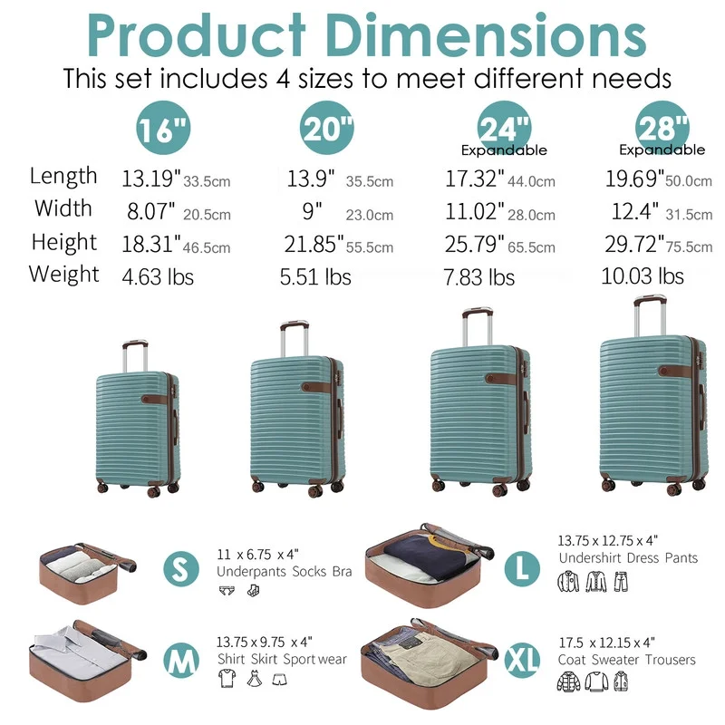 EBQOSK 4PCS Carry On Expandable Luggage Set with 4 Packing Cubes, 16/24/26/28 Inch Three-layer ABS Composite Suitcases with TSA Lock & 360°Spinner Wheels for Family Travel, Expand 25% Space Brown
