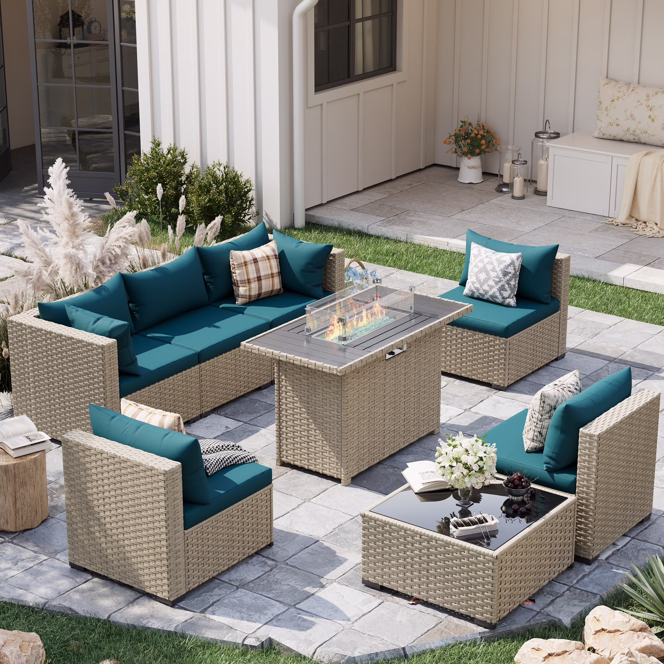 POTEBAN 7 Pieces Outdoor Patio Furniture Set, Grey Rattan Wicker Outdoor Conversation Sectional Sofa Set with Cushions for Backyard, Green