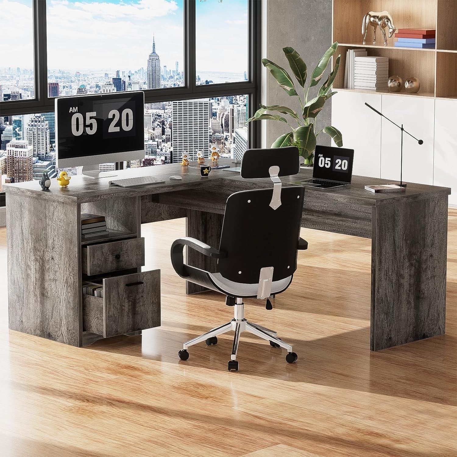 Homieasy L Shaped Desk with Power Outlets and USB Charging Ports, Lift Top Corner Computer Desk with Drawer, Large Office Desk with Storage Shelves, L Shaped Standing Desk for Home Office, Black Oak