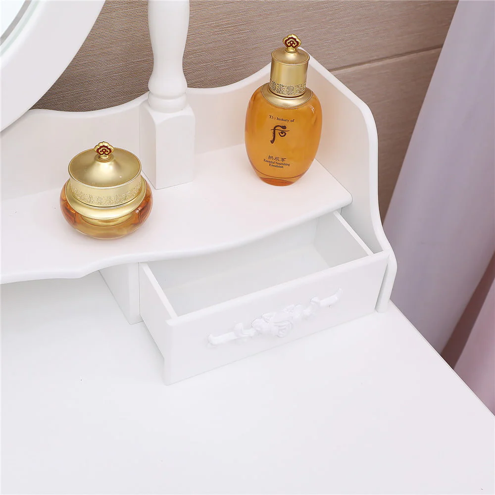 Ktaxon Elegance White Dressing Table Vanity Table and Stool Set Wood Makeup Desk with 4 Drawers & Lighted LED Touch Screen Mirror