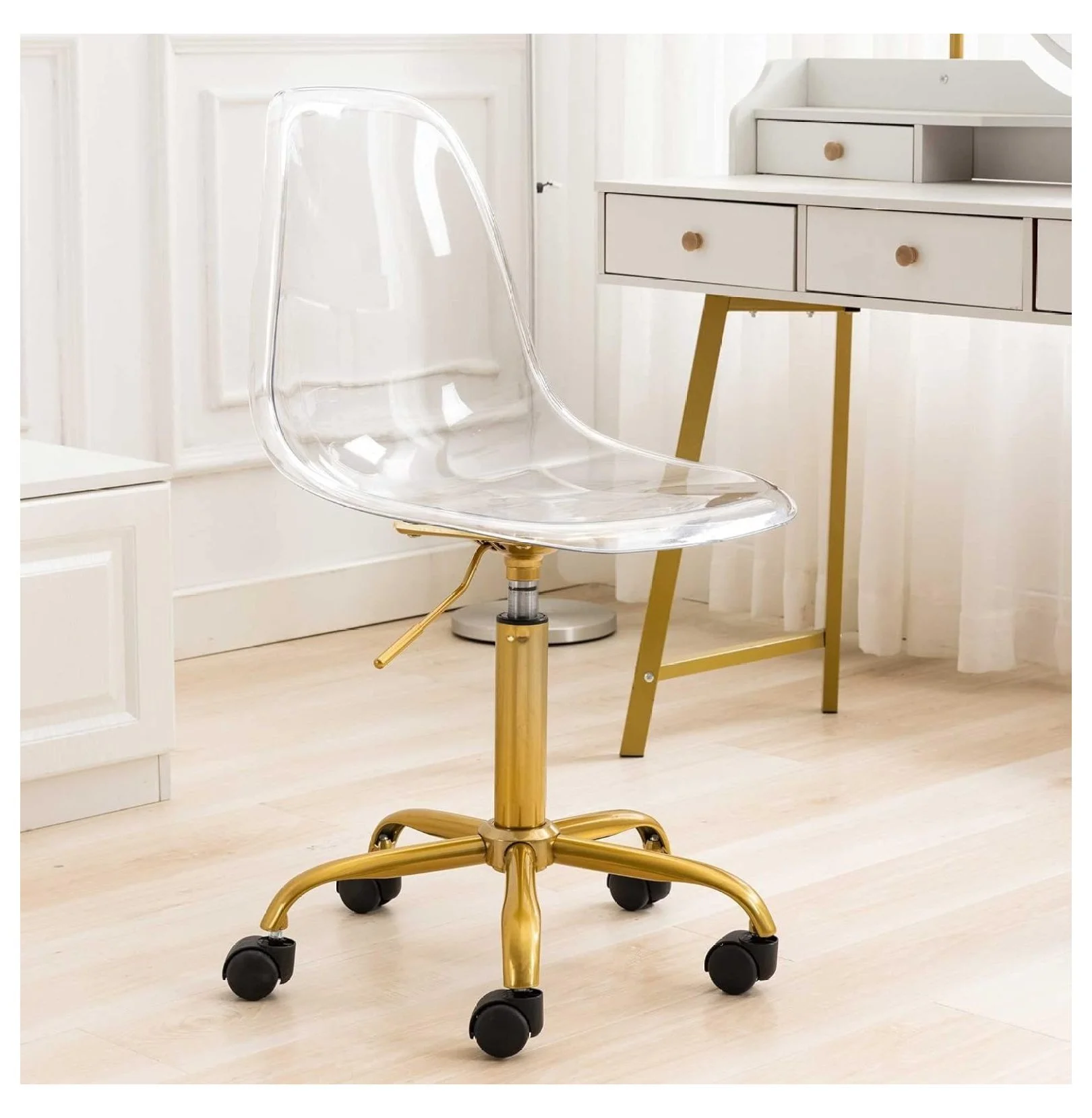 saney Clear Rolling Chair, Armless Desk Chair with Golden Feet Swivel Molded Plastic Shell Adjustable Home Office Chair with Wheels, Clear