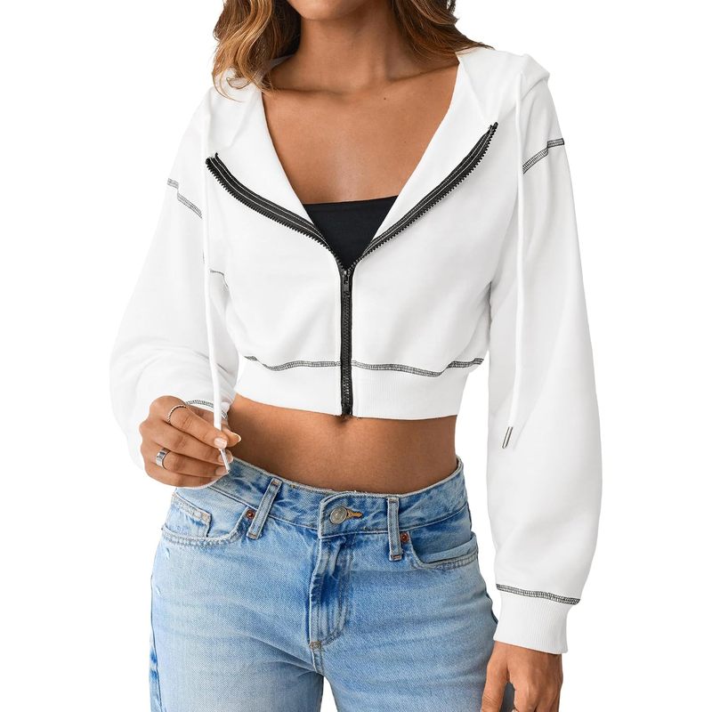 Women's Cropped Zip Up Hoodie Contrast Trim Long Sleeve Jacket