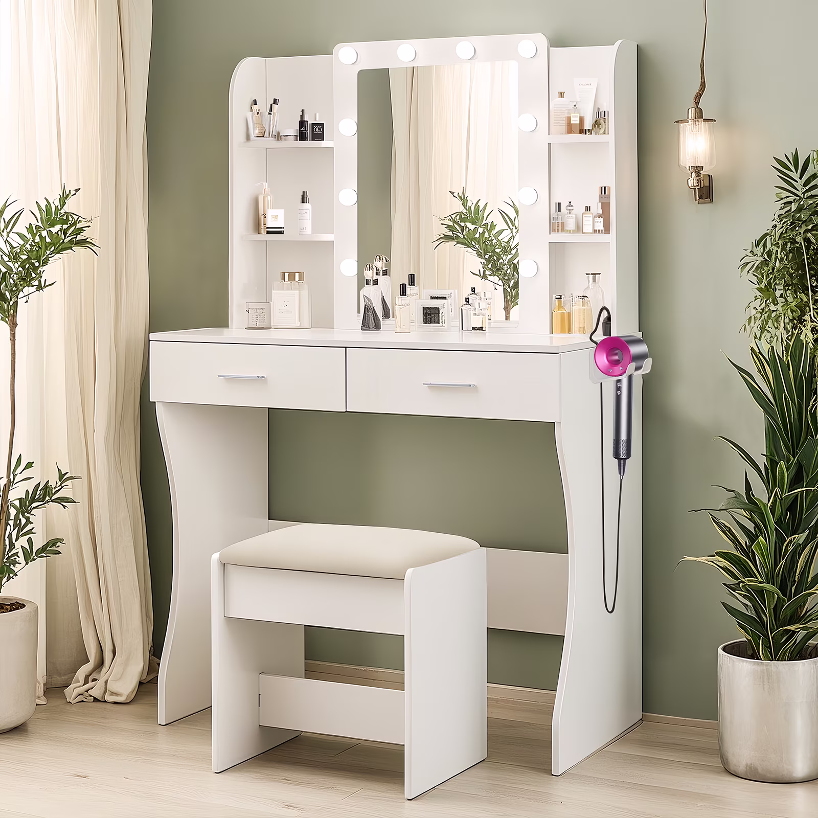 Vanity Desk with Mirror and Lights, Makeup Vanity with Drawer & Storage Cabinet, 3 Lighting Modes Adjustable Brightness, Makeup Desk with Open Shelves for Bedroom, Dressing Room, White