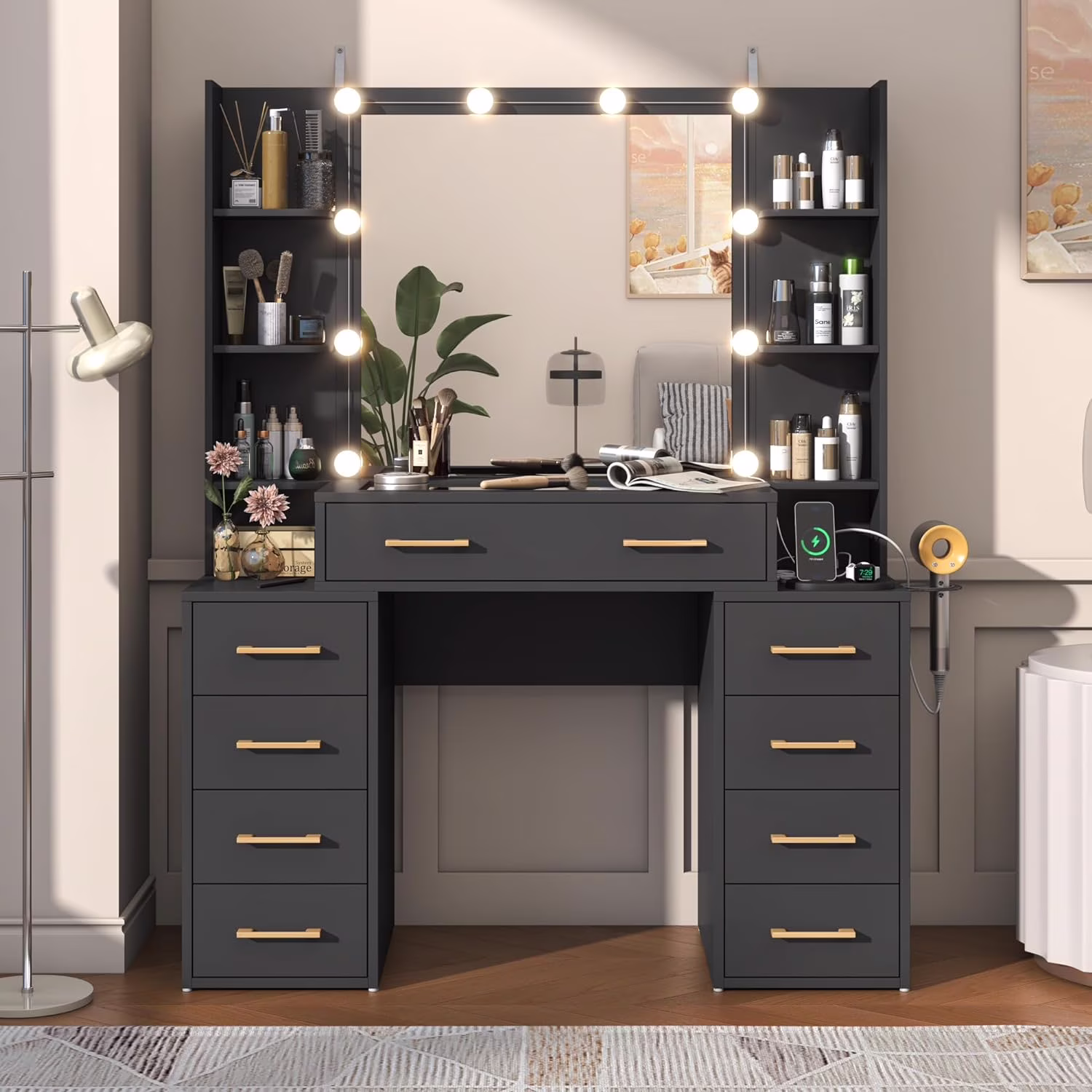 White Vanity Desk with Mirror & LED Lights, Glass Top Vanity Desk with Charging Station & Compartment Storage Drawers, 43