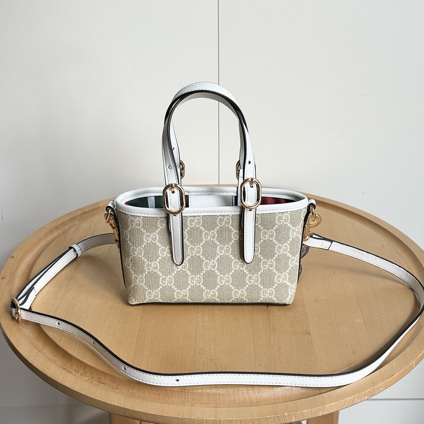 Gucci GG Emblem Mini Bag in Beige and White GG Fabric