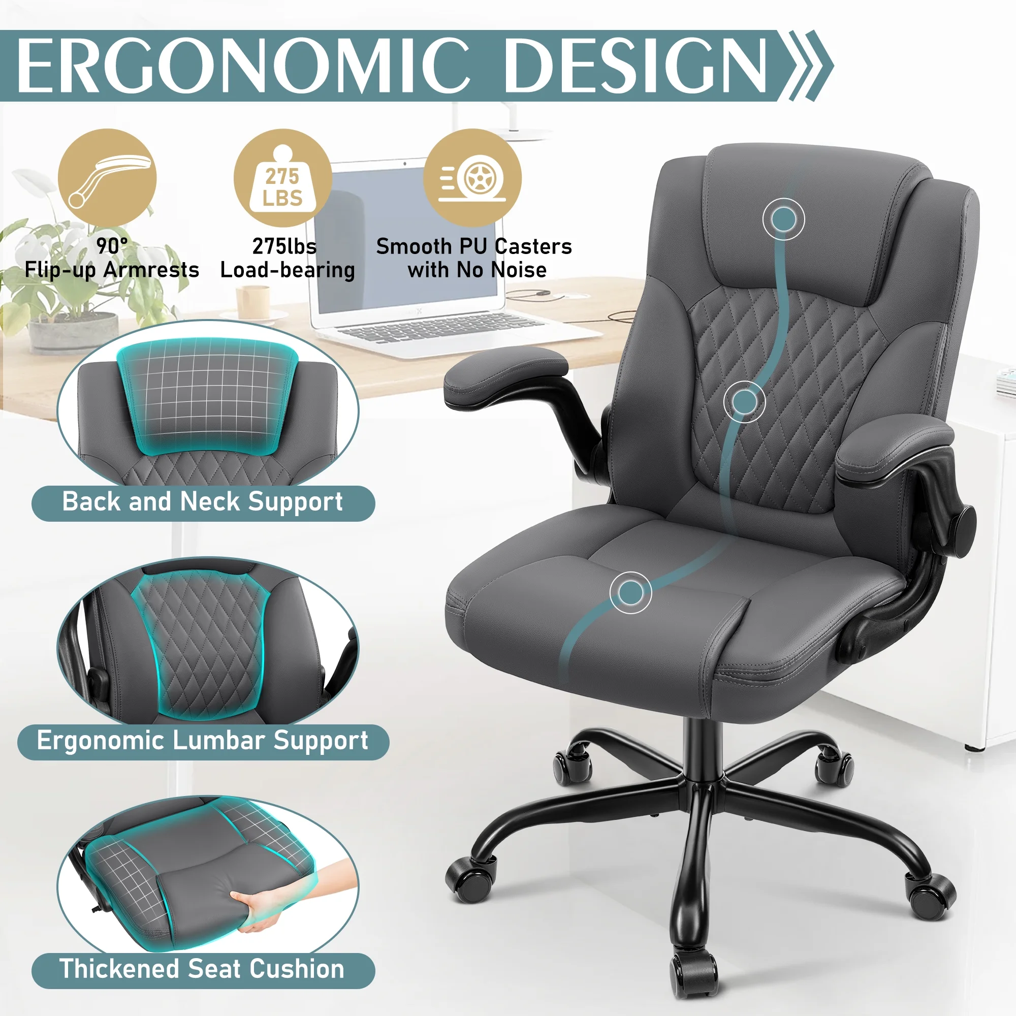 COOLHUT Leather Office Chair, Big and Tall Office Chair 400LBS Wide Seat Ergonomic Computer Desk Chair High Back Executive Leather Chair Adjustable Task Chair Lumbar Back with 8-Year Warranty, Black
